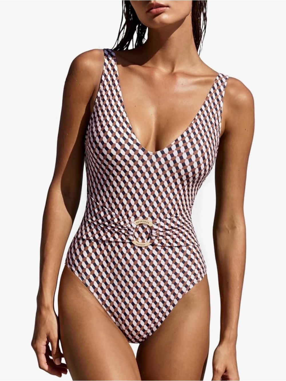 Women’s Brown Geo-Print One-Piece Swimsuit with Belt Detail